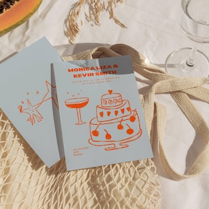 Handgezeichnete Hochzeitseinladung | Personalisiertes Hochzeits-Briefpapier | Einzigartige moderne Meer bunte Hochzeit | Blau orange lädt ein