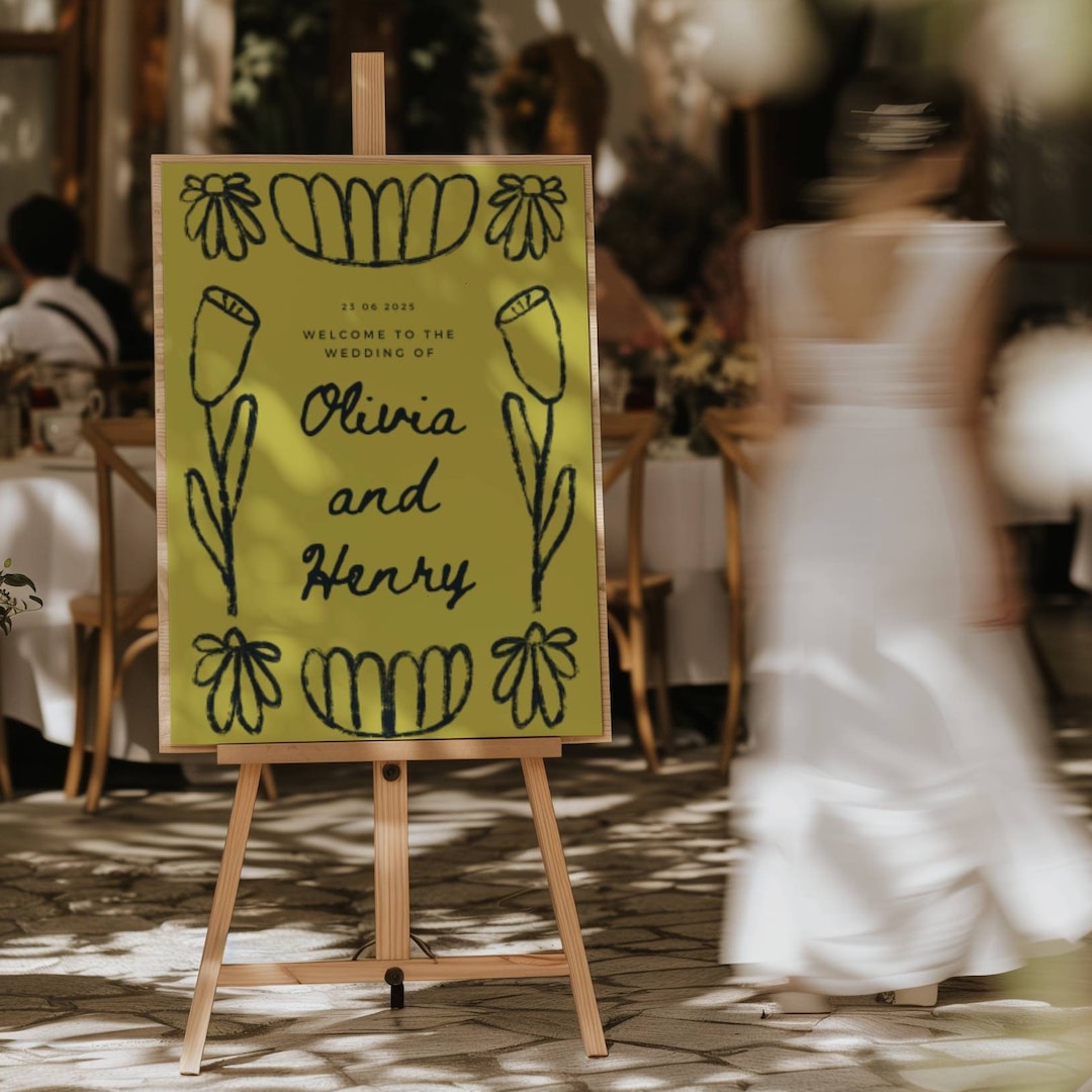 Modern Scribble Wedding Welcome Sign | Green Floral Illustration - Etsy