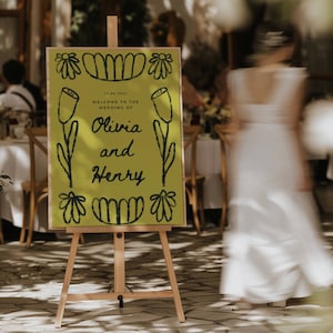 Scribble Hochzeit Willkommensschild Hochzeit | Zum Tag des Tages Briefpapier Handgezeichnetes Briefpapier | Buntes Hochzeitsschild | Grüne Staffelei Illustration