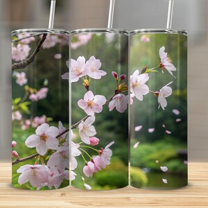 桜タンブラー、花柄タンブラーラップ、デジタルデザイン、20オンス スキニータンブラー、昇華転写デザイン、春の花柄、ピンクの花