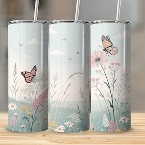 Butterfly Tumbler Wrap, Floral Tumbler Design, Spring Tumbler PNG, 20 oz Skinny Tumbler Sublimation Design, Digital Download