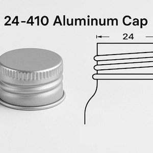 May include: A silver aluminum cap with a ribbed edge and a diagram showing its dimensions. The text "24-410 Aluminum Cap" is displayed above the cap and diagram. The cap's diameter is 24 mm.