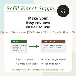 May include: An advertisement for Refill Planet Supply. The image shows how to convert Etsy review JSON into a CSV or Google Sheets file. The text includes "Make your Etsy reviews easier to use" and "Fast turnaround".