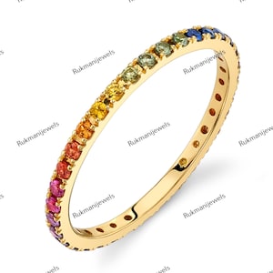 Rainbow band ring, Dainty ring, Multicolor ring, Delicate ring, Birthstone ring, Rainbow ring gold, sapphire eternity band  Anniversary Ring