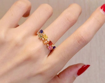 Rainbow sapphire multi sapphire eternity band ring in 14k gold | 3.0 mm natural rainbow sapphire pink sapphire rainbow ring gold band ring