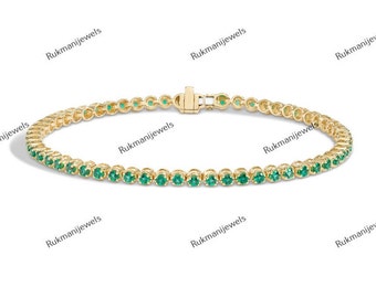 14K gold emerald tennis bracelet round emerald tennis bracelet chain | Green emerald bracelet gold with box clasp gift Anniversary Gift