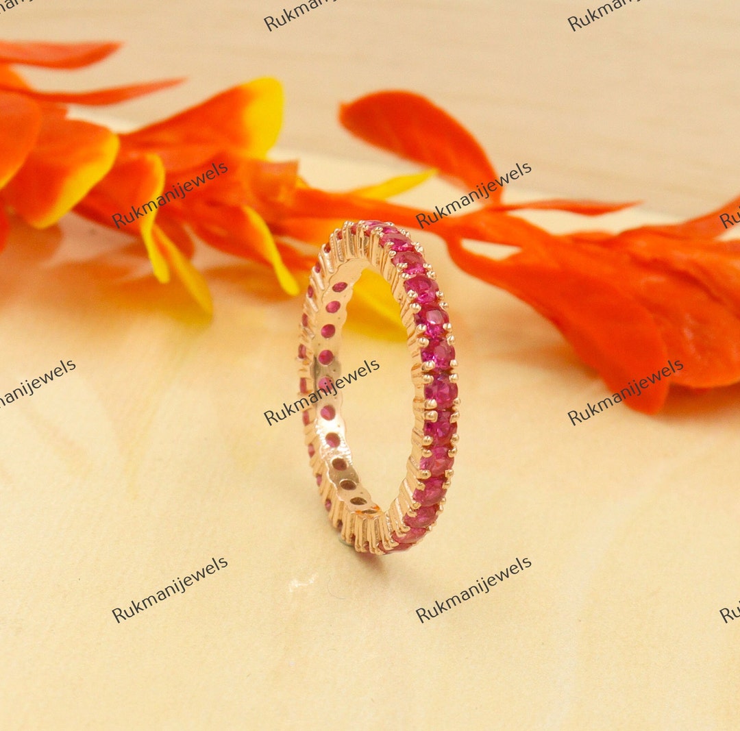 Ruby Wedding Band, 14k Yellow Gold Band, Ruby Eternity Band, July
