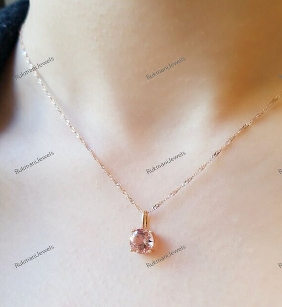 Round Morganite Solitaire Necklace 14k Gold Necklace for Women