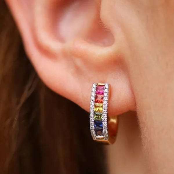 Rainbow sapphire hoops earrings 14k 18k gold, Natural multi sapphire rainbow ombre hoops, Rainbow hoops earrings gold, Mothers Day Gift