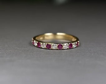 Ruby Diamond Ring, 14K Gold Ruby Ring, Natural Ruby Band, Ruby Wedding Band Ring, July Birthstone Ring, Anniversary Gift Ring, Women Ring