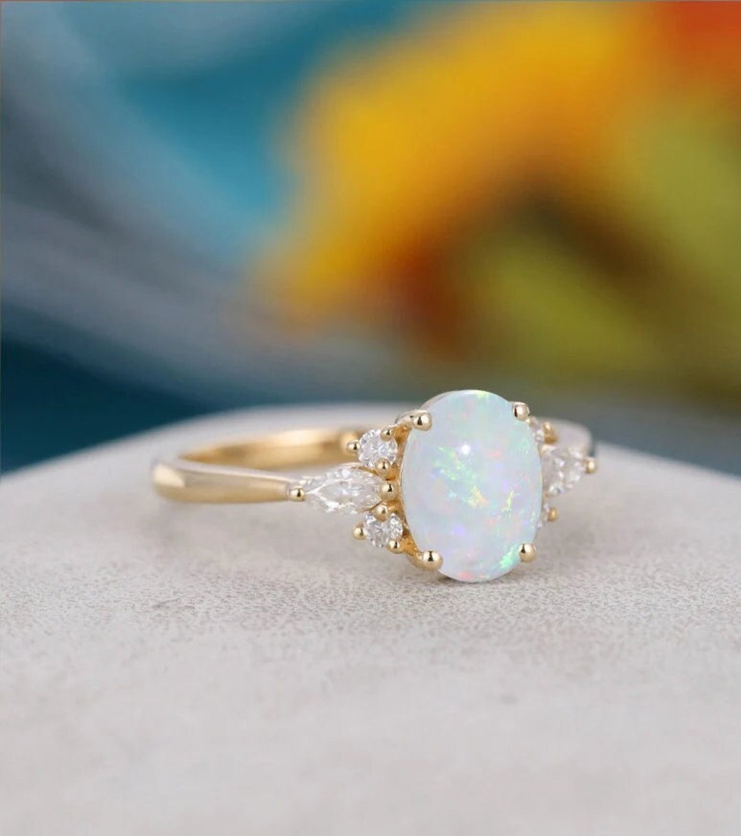 Opal Ring Vintage Opal Wedding Ring White Opal Silver Jewelry Fire