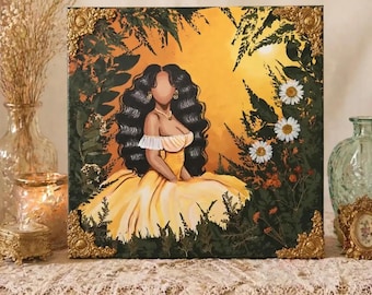 Retrato floral pintado / Arte de técnica mixta, mujer negra, arte mural caprichoso