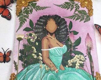 Pintura de retrato floral / Arte de mujer negra en técnica mixta, decoración estilo cottagecore