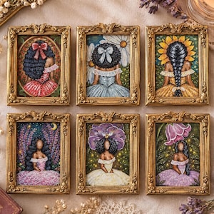 May include: Six rectangular gold-toned frames with butterfly accents, each containing a miniature painting of a person in a gown. The artworks feature diverse hairstyles, floral motifs, and vibrant colors including red, blue, yellow, and purple.