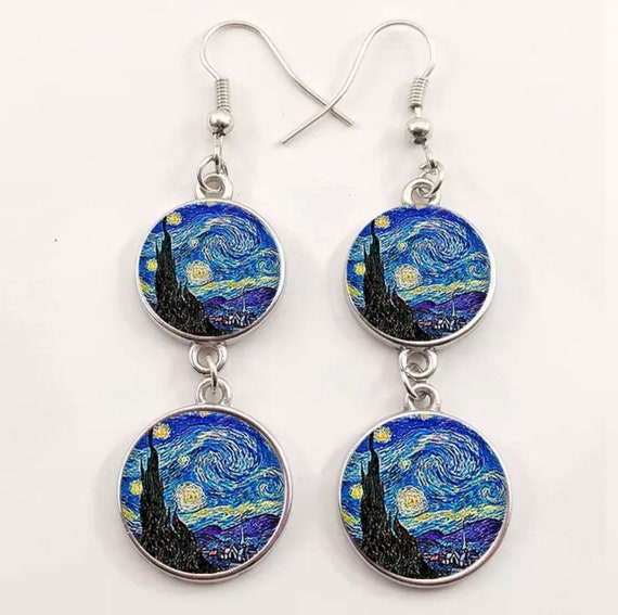 Van Gogh Starry Night Dangle Earrings- Art-Inspired Glass Cabochon Earrings