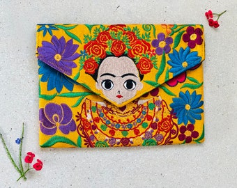 Frida Handmade Embroidered Floral Clutch, Mexico Mayan Artist, Colorful Frida