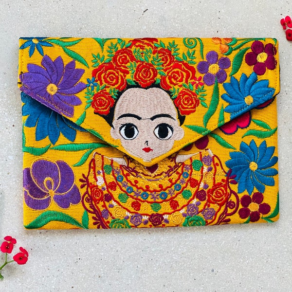 Frida embrague floral bordado hecho a mano, artista maya de México, Frida colorida