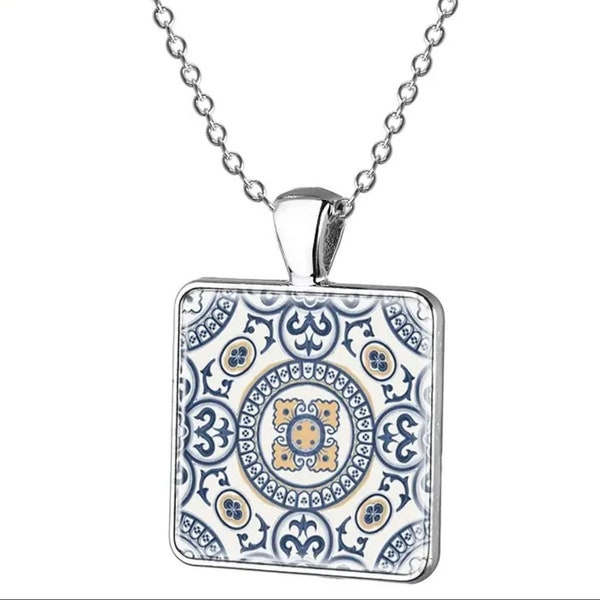 Azulejo Portuguese Necklace,  Elegant Square Pendants, Classical Portugal Jewelry