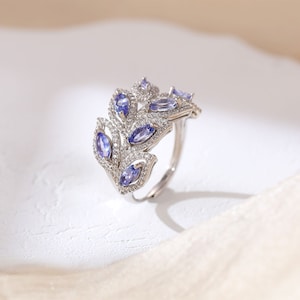 Natural Tanzanite Ring ,  Leaf Shape Ring，Sterling Silver, December Birthstone Jewelry, Gift for her, Delicate Jewelry