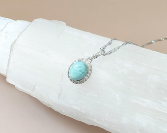 Larimar Sterling Silver Necklace: Ocean Blue Gemstone & Cubic Zirconia
