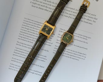 Olive Green Vintage Watch | Gold Frame Faux Leather Strap, Minimalist Workwear