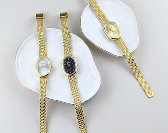 Oval Dial Women’s Watch – Gold Stainless Steel Mesh Band, Elegant Minimalist Wristwatch in Black, Champagne & White