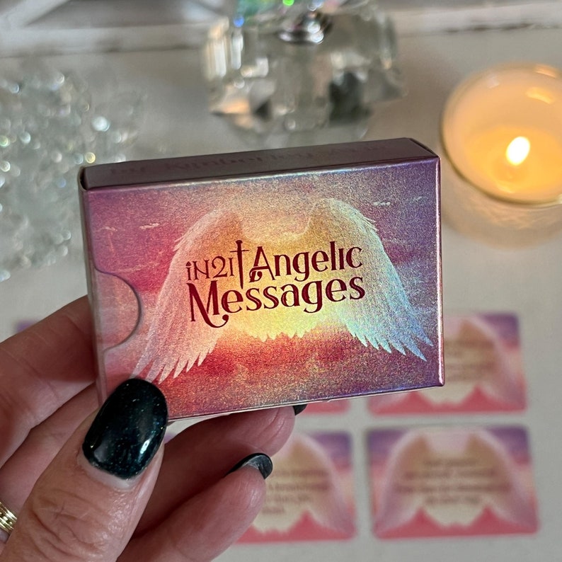 angel messages mini oracle deck, oracle cards with angel messages on them, pink yellow hue with rainbow metallic shimmery paper
