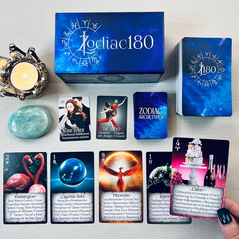 May include: A set of Zodiac Archetypes cards with a blue background and gold accents. The cards feature illustrations of various zodiac signs and symbols. The cards are arranged in a circle around a blue box with the words "Zodiac 180" printed on it.