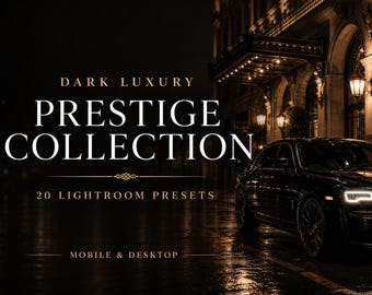 20 Donkere Luxe Lightroom Presets | Sfeervolle Zwart-Gouden Filters | Filmische Old Money Esthetiek voor Fotobewerking op Desktop & Mobiel