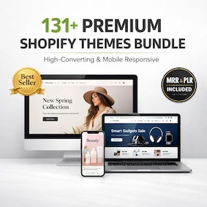 Könnte beinhalten: Ein Bild, das ein Shopify-Themes-Bundle mit dem Text "131+ PREMIUM SHOPIFY THEMES BUNDLE" zeigt. Das Bild enthält einen Desktop-Computer, einen Laptop und ein Smartphone, die Website-Designs anzeigen. Ein "Best Seller"-Abzeichen und "MRR & PLR INCLUDED" sind ebenfalls sichtbar.
