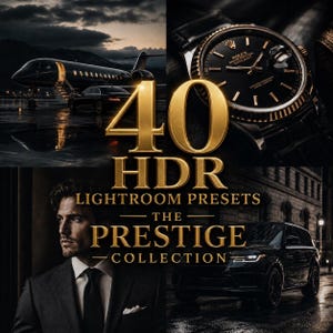 Peut inclure: Un graphique numérique affichant le texte 40 HDR LIGHTROOM PRESETS THE PRESTIGE COLLECTION en lettres dorées, superposé sur un collage d'un jet privé, d'une montre de luxe, d'une personne en costume et d'un SUV noir sur une rue mouillée.