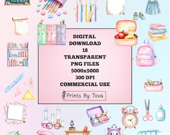 Pastel School Clipart PNG-bundel, commercieel gebruik (digitale download)