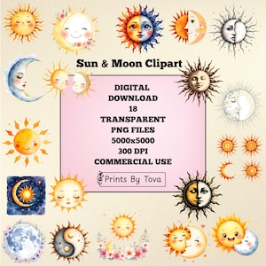 Sun and Moon Celestial Clipart: Bohemian Scrapbooking Designs (Digital Download)