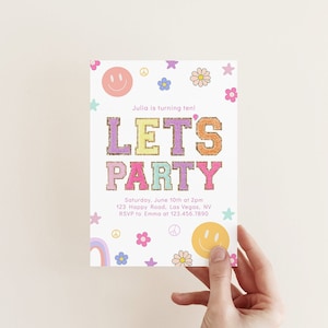 Invitación de carta de parche Let's Party / Plantilla de invitación imprimible editable