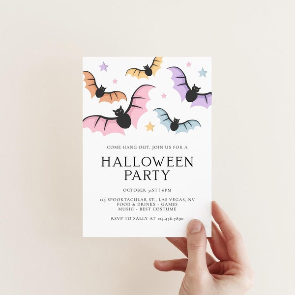 Colorful Bats Halloween Party Invitation | Editable Digital Printable Template