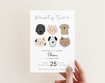 May include: A pawty time invitation with a cute illustration of dogs and cats. The invitation is for Olivia's third birthday party on March 25th at 2 PM in Las Vegas, NV. RSVP to Daisy at 123.456.78.