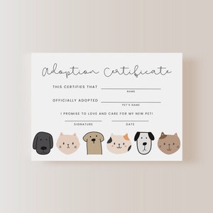 Tarjeta de adopción para fiesta de cumpleaños de perros y gatos (plantilla editable)