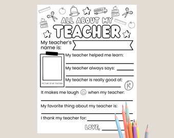 All About My Teacher Coloring Page | Instant Download Printable