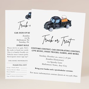 Puede incluir: Una invitación en blanco y negro para un evento "Truck or Treat". La invitación presenta una camioneta negra con calabazas en la caja. El evento es el domingo 30 de octubre de 2022 de 5 a 8 pm en la escuela primaria Zombie. El evento incluirá un concurso de disfraces, un concurso de decoración de autos, música en vivo, camiones de comida, juegos y más.