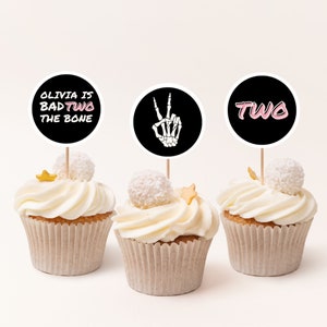 Bad TWO the Bone Cupcake Toppers | Pink & Black | editable Digital Template