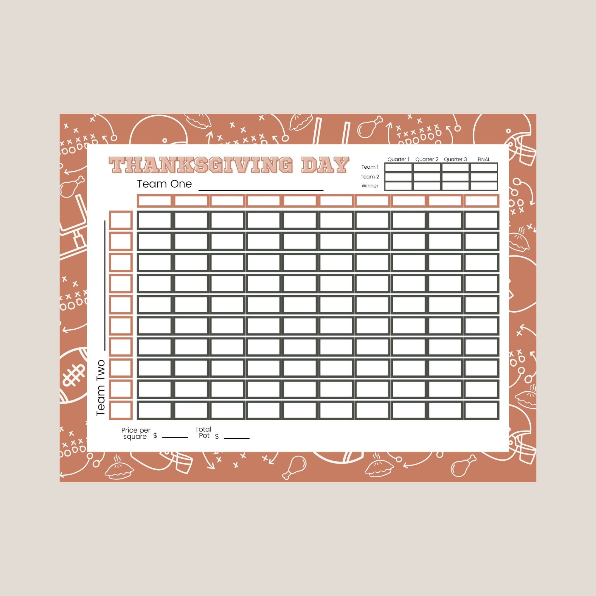 thanksgiving day football squares | instant download - etsy