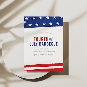 May include: A white invitation with red and blue stripes and stars. The text reads "FOOD, FRIENDS, & FIREWORKS FOURTH of JULY BARBECUE PLEASE JOIN US SATURDAY, JULY 4TH AT 2 PM 123 LIBERTY RD., LAS VEGAS NEVADA RSVP TO ALEX AT 123.456.7890"