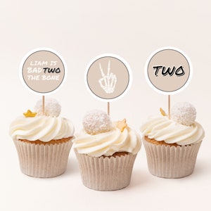 Bad TWO the Bone Cupcake Toppers and Wrapper | Tan | Editable Digital Download