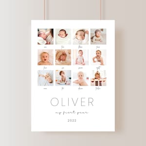 Collage de fotos de primer año / Minimalista + Fuentes elegantes / Editable en Canva