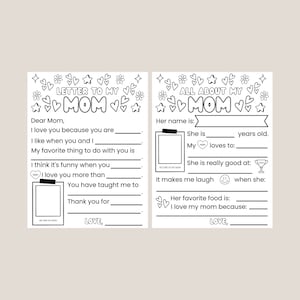 Todo sobre mi mamá / Carta a mi mamá / Hojas para colorear y completar espacios en blanco / Descarga instantánea
