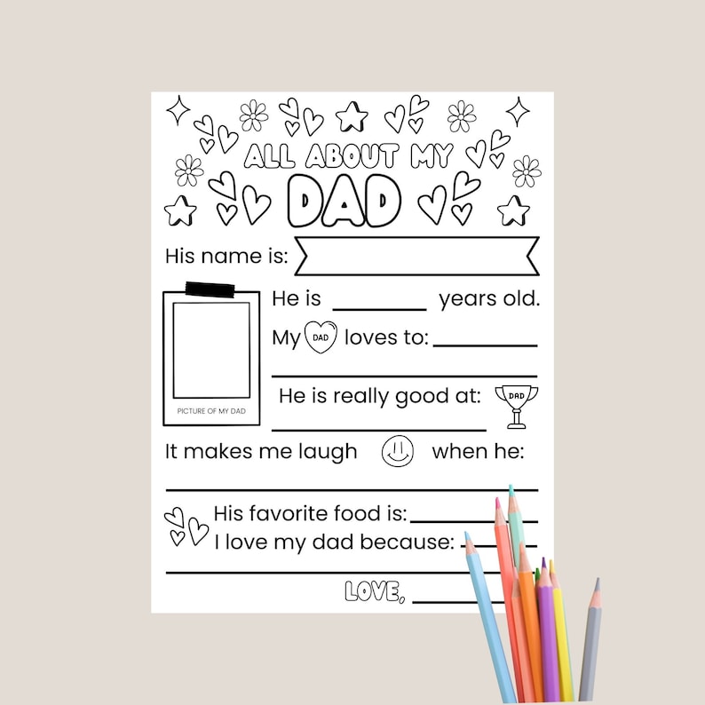 Printable All About My Dad Coloring Fill in the Blank Page | Instant ...