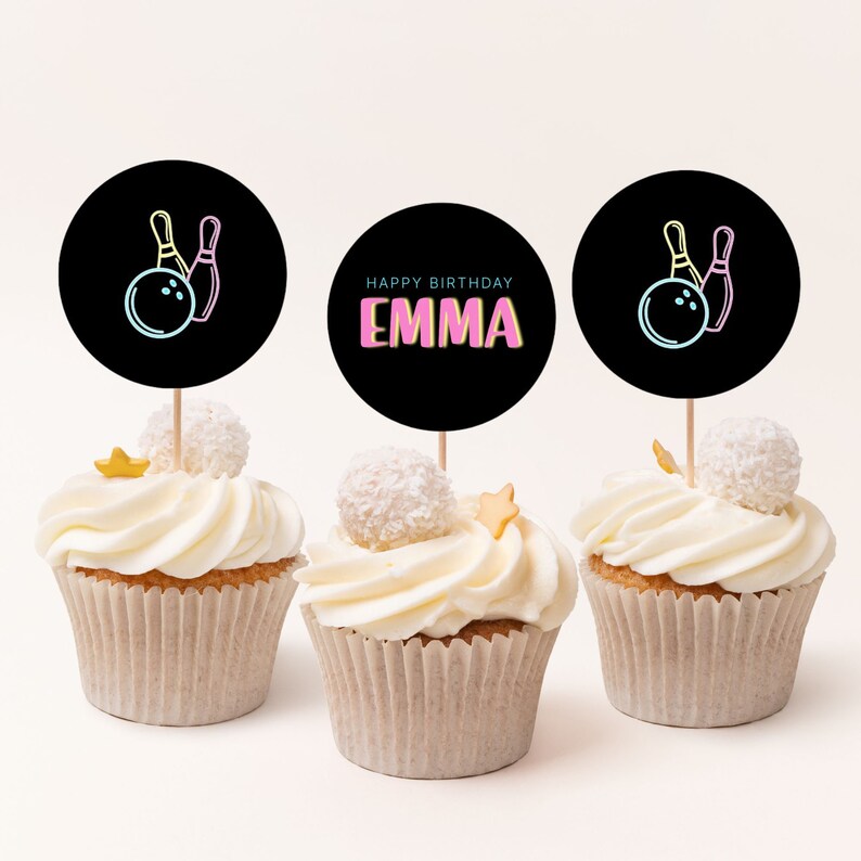 Cosmic Bowling Cupcake Wrappers Toppers Editable on Corjl