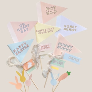 May include: A set of nine pastel-coloured Easter bunny themed party decorations. The decorations feature phrases like "Happy Easter", "Hop Hop", "Honey Bunny", and "Some Bunny Loves You".