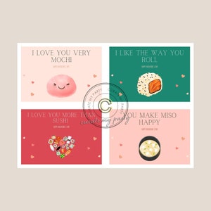 Tarjetas de San Valentín Sushi Pun, Tarjetas lindas y divertidas, Imprimibles, Tarjetas de San Valentín para niños, Conjunto de 4, Descarga instantánea