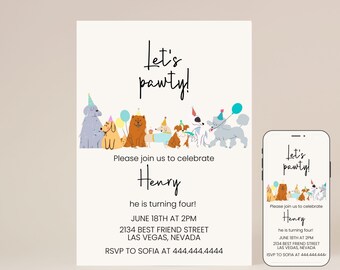 Dog Party Invitation | Puppy Pawty Invite | Editable on Corjl | Instant Download | Let's Pawty | Come, Sit, Stay